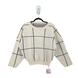 CHICWISH Women S / M Sweater Off White Grid Windowpane Plaid Batwing Slouchy NEW